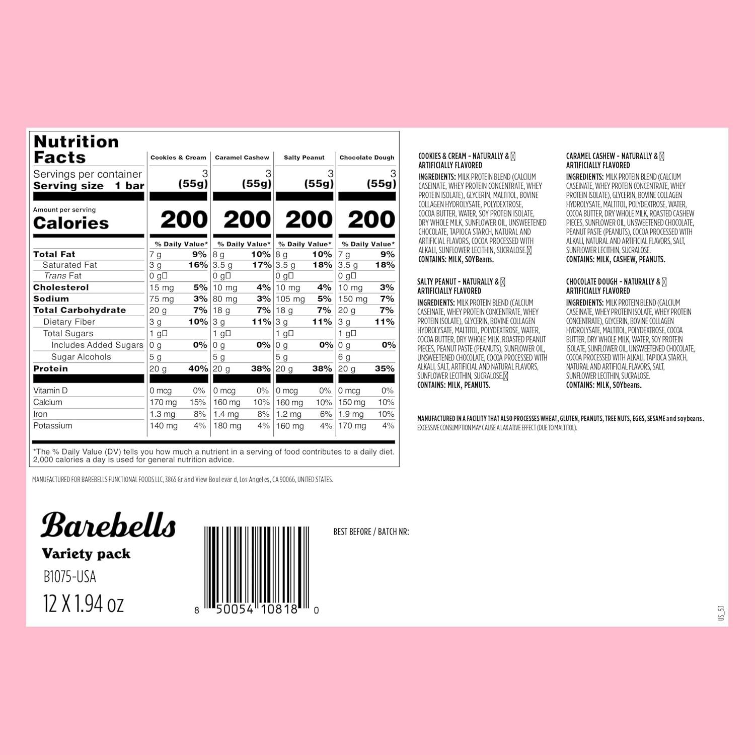image:imageBarebells Protein Bars Peoples Choice Variety Pack 24 Bars 2 Packs of 12 20g High Protein Treats Chocolate Nutrition Bars with No Added Sugar OnTheGo Breakfast or PostWorkout SnackVariety Pack 1