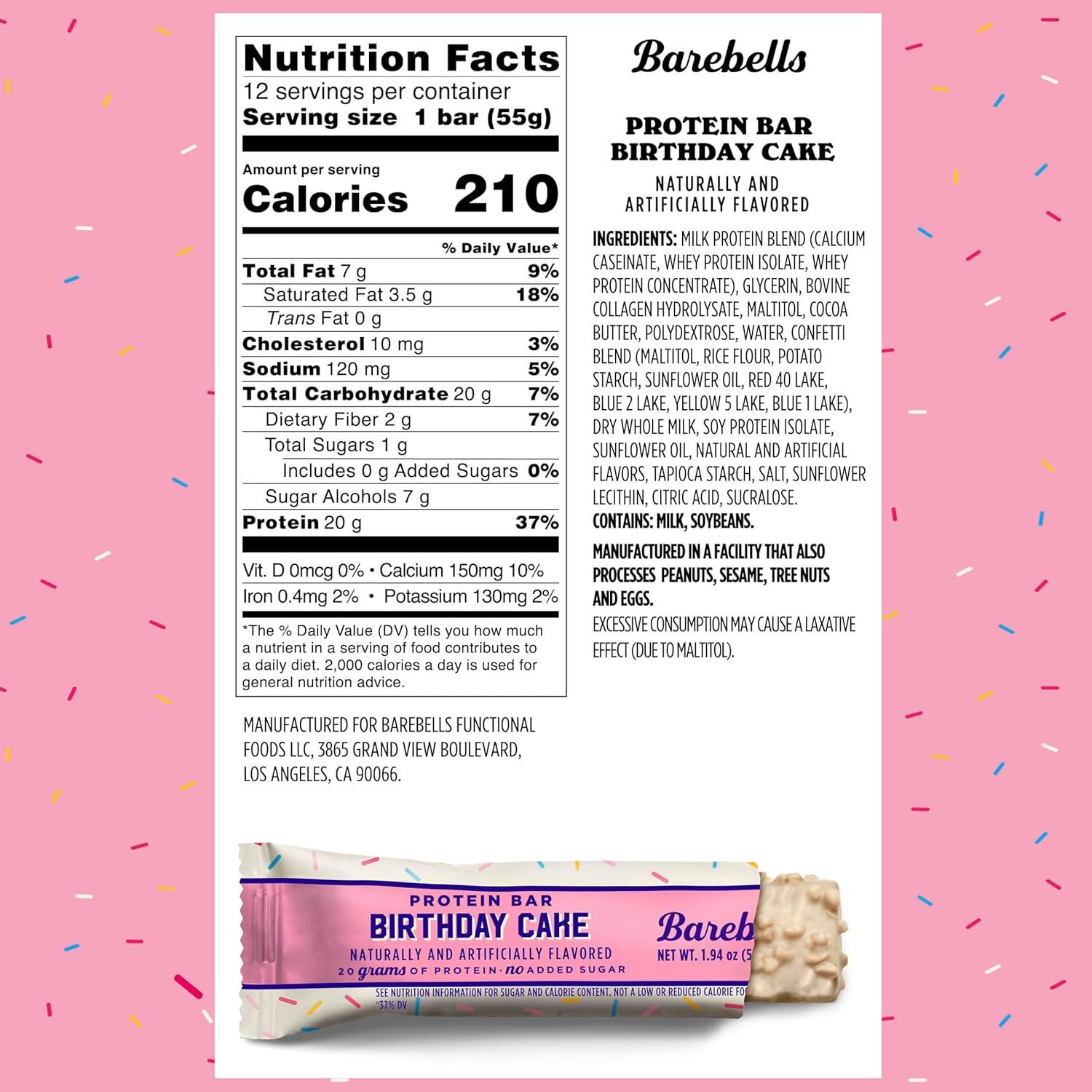 image:imageBarebells Protein Bars Peoples Choice Variety Pack 24 Bars 2 Packs of 12 20g High Protein Treats Chocolate Nutrition Bars with No Added Sugar OnTheGo Breakfast or PostWorkout SnackBirthday Cake