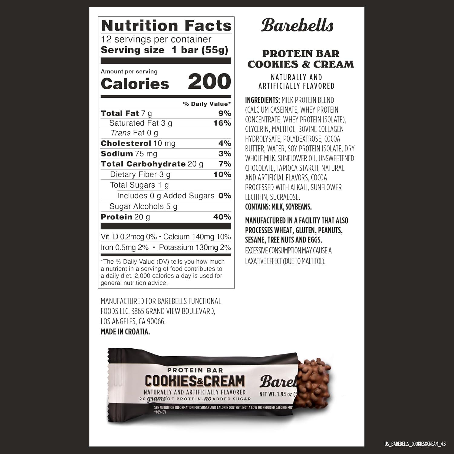 image:imageBarebells Protein Bars Peoples Choice Variety Pack 24 Bars 2 Packs of 12 20g High Protein Treats Chocolate Nutrition Bars with No Added Sugar OnTheGo Breakfast or PostWorkout SnackCookies And Cream