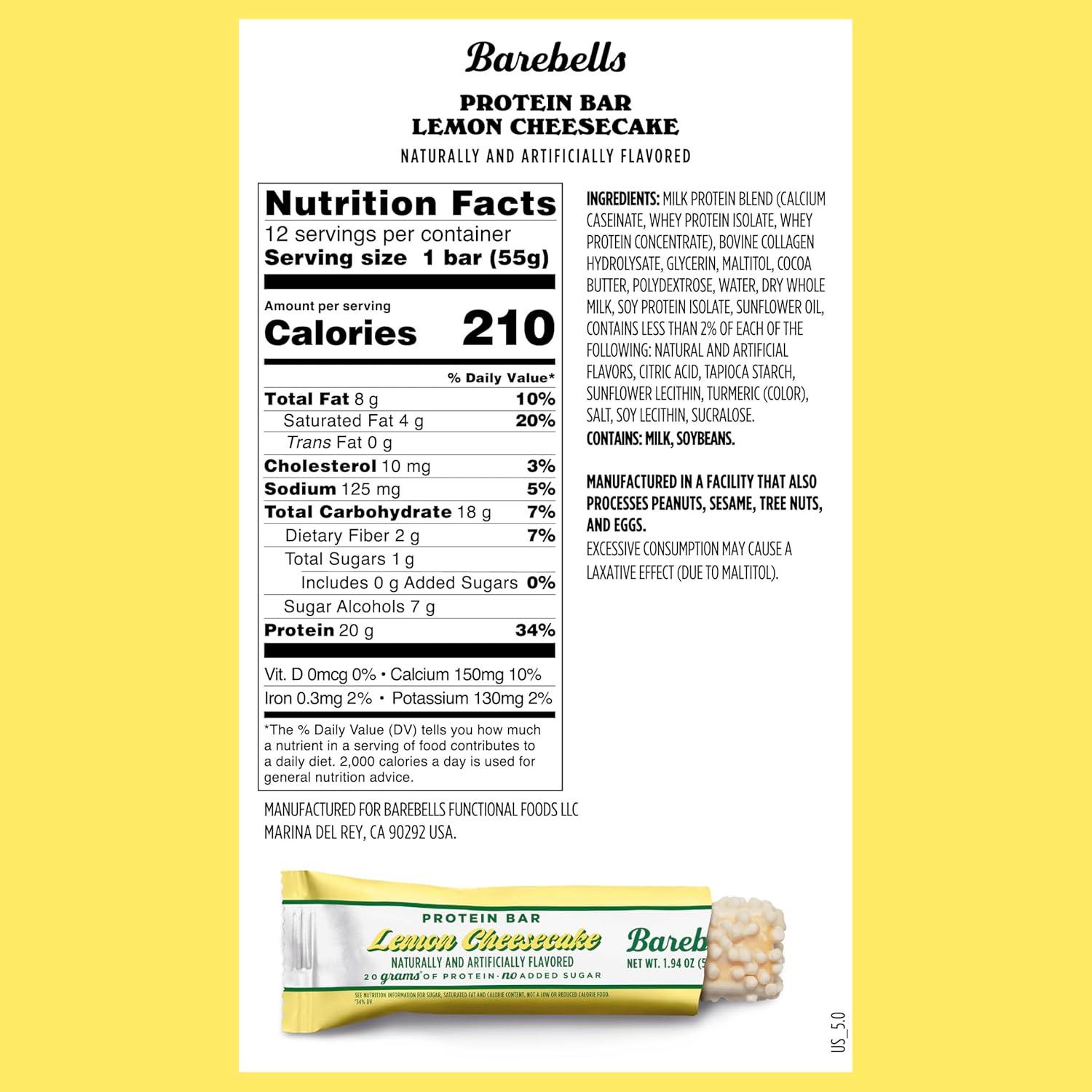 image:imageBarebells Protein Bars Peoples Choice Variety Pack 24 Bars 2 Packs of 12 20g High Protein Treats Chocolate Nutrition Bars with No Added Sugar OnTheGo Breakfast or PostWorkout SnackLemon Cheesecake